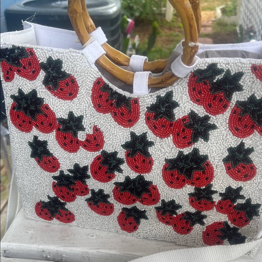 White Beaded Tote with Red Strawberry Embroidery and Bamboo Handles